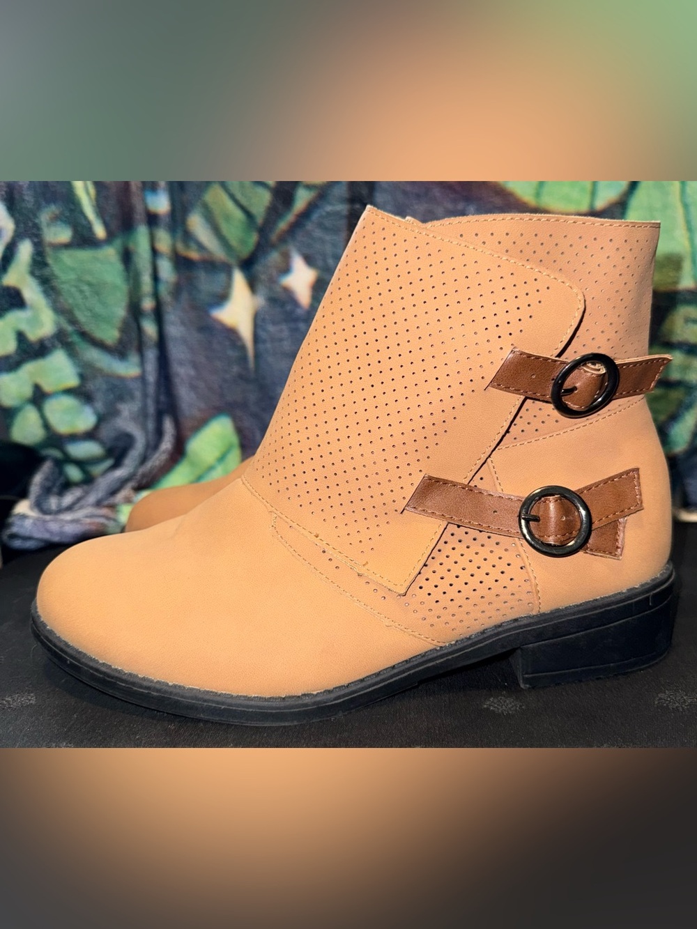 Beacon Peach-Tan Perforated Ankle Booties with Buckle Straps